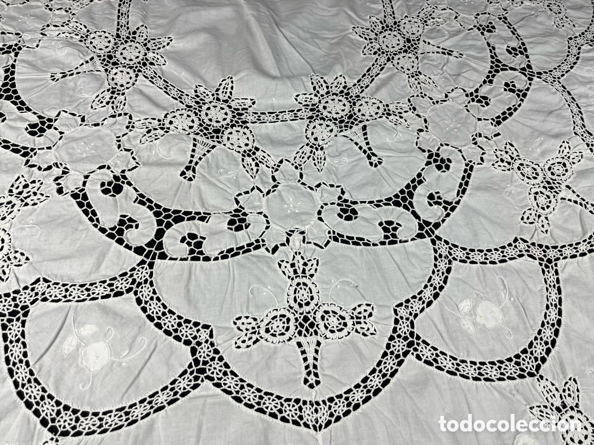 Antig&uuml;edades: ANTIGUO MANTEL DE ALGOD&Oacute;N BORDADO A MANO (160CM) - Foto 7