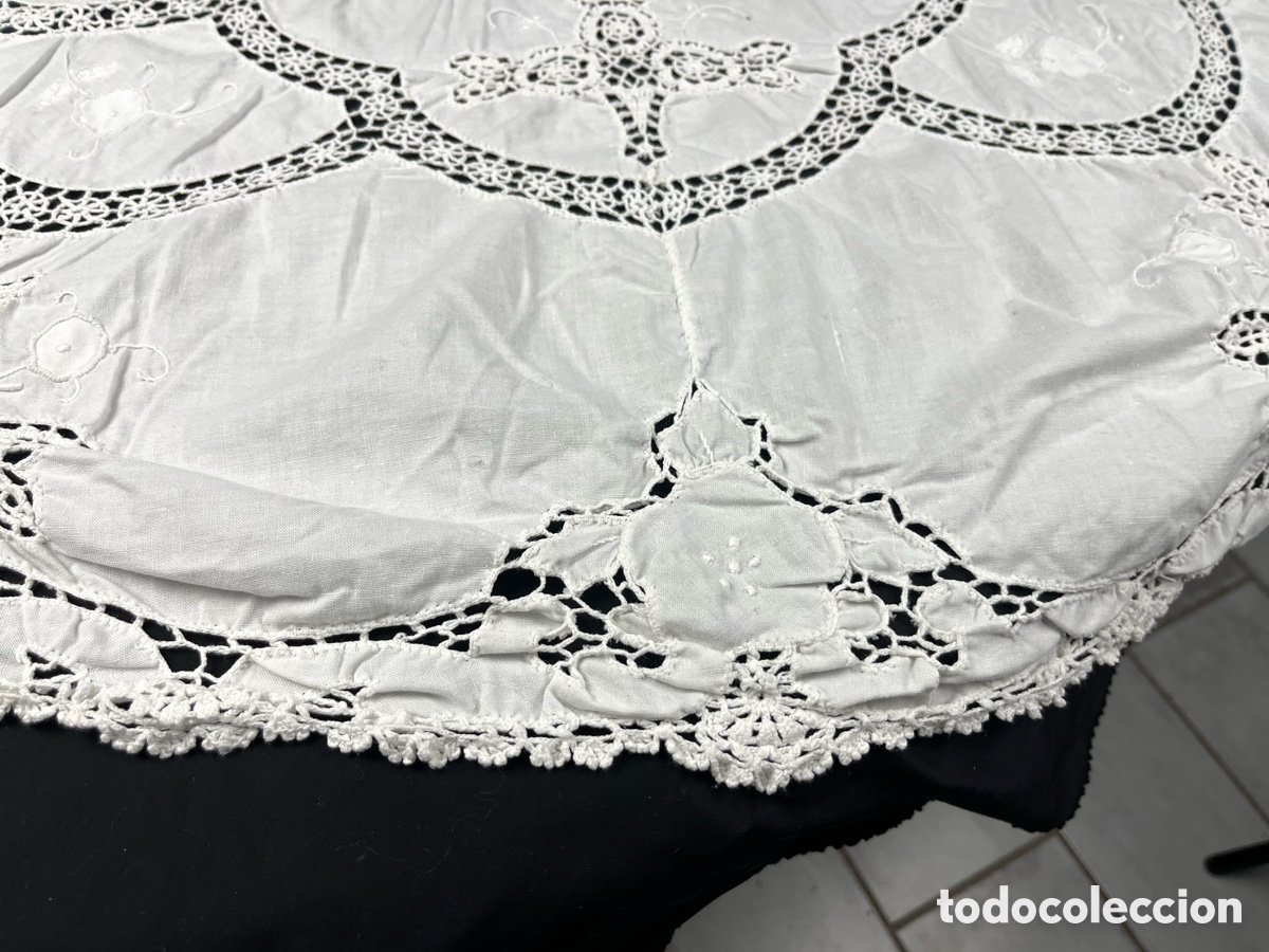 Antig&uuml;edades: ANTIGUO MANTEL DE ALGOD&Oacute;N BORDADO A MANO (160CM) - Foto 8