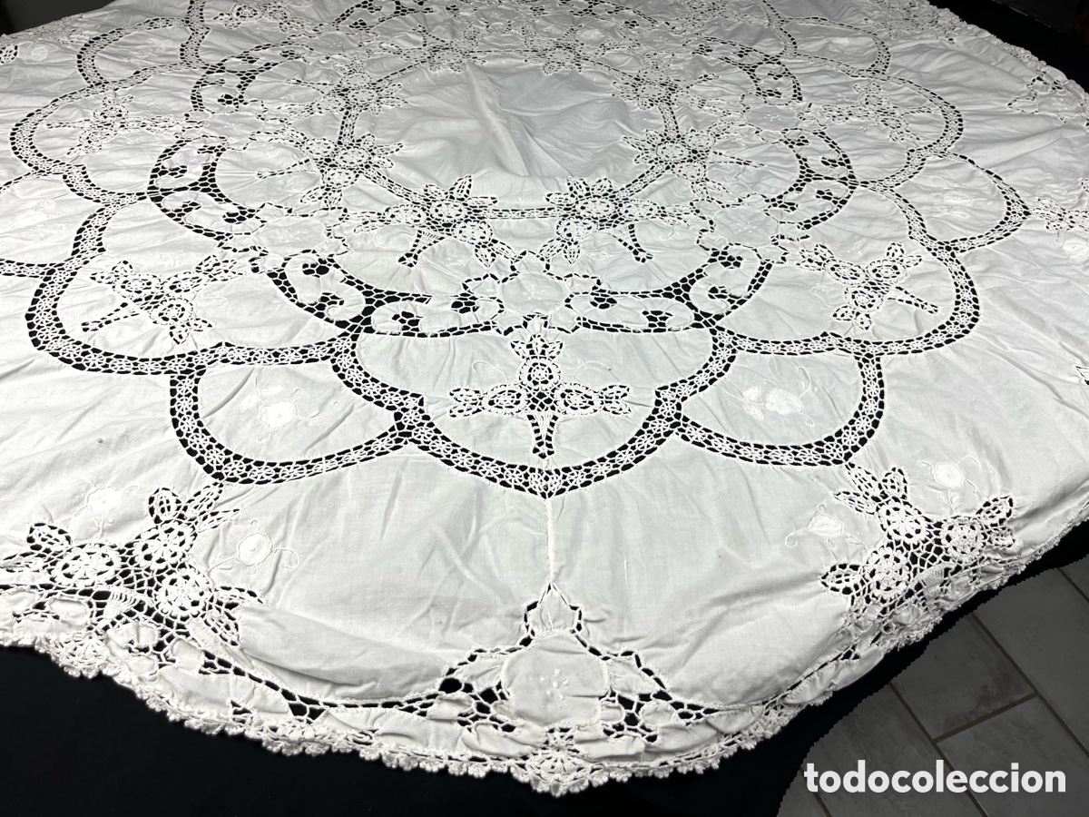 Antig&uuml;edades: ANTIGUO MANTEL DE ALGOD&Oacute;N BORDADO A MANO (160CM) - Foto 11
