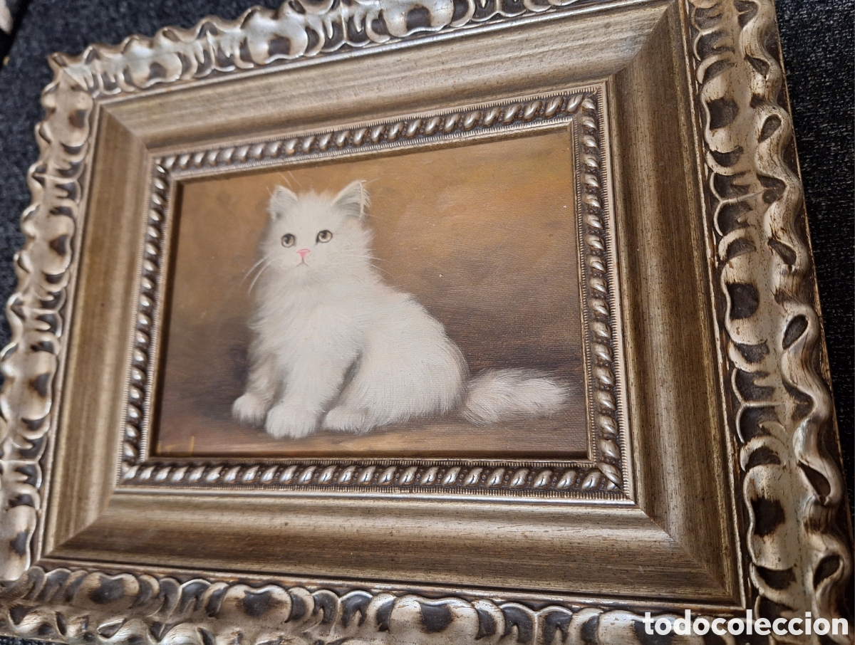 Antig&uuml;edades: Cuadro de gato oleo pintado - Foto 3