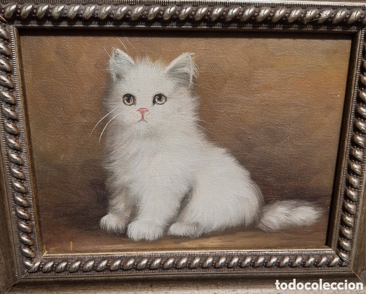 Antig&uuml;edades: Cuadro de gato oleo pintado - Foto 4