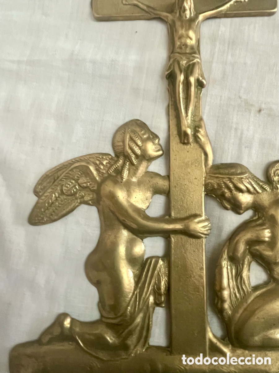 Antig&uuml;edades: BENDITERA DE BRONCE CON &Aacute;NGELES A&Ntilde;OS 50 - Foto 3