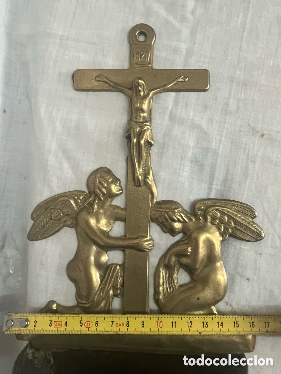 Antig&uuml;edades: BENDITERA DE BRONCE CON &Aacute;NGELES A&Ntilde;OS 50 - Foto 9
