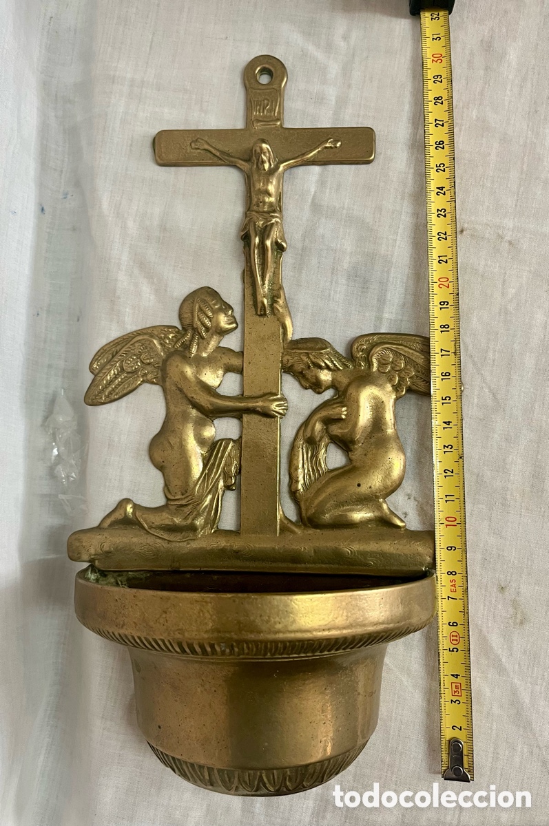 Antig&uuml;edades: BENDITERA DE BRONCE CON &Aacute;NGELES A&Ntilde;OS 50 - Foto 11