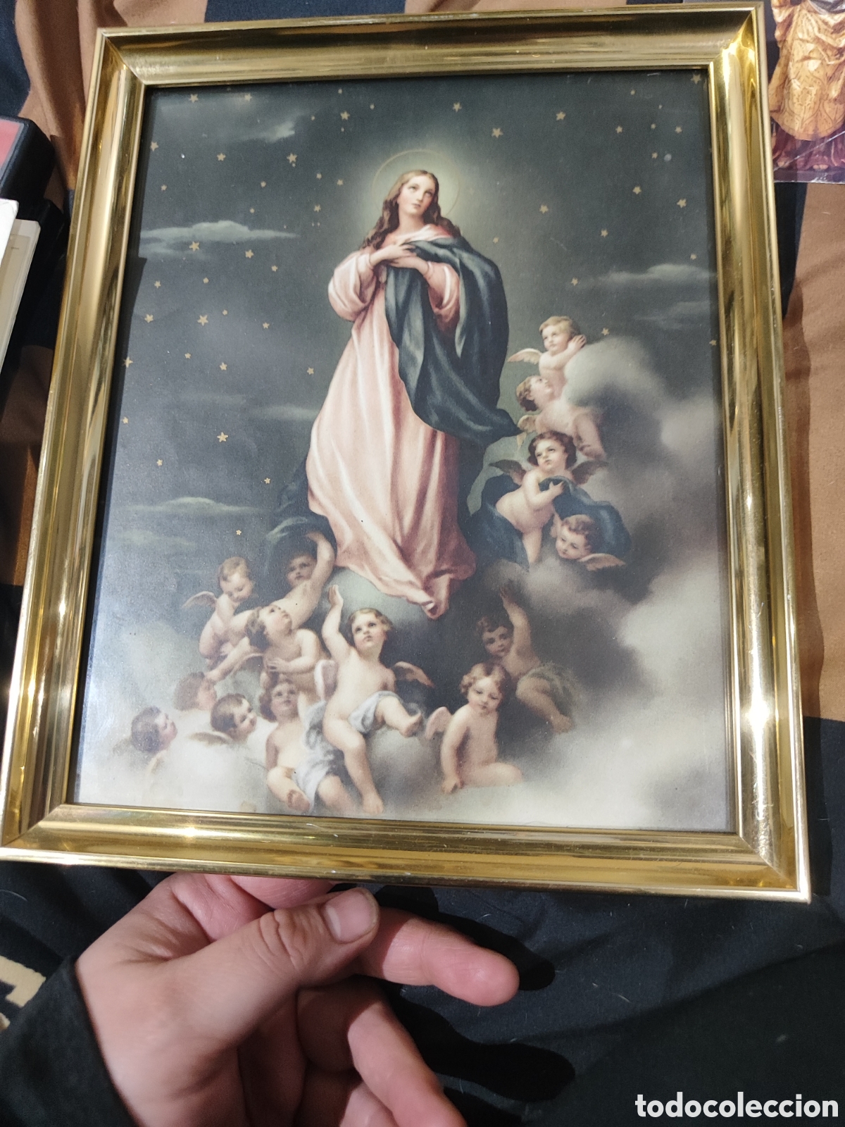 Antig&uuml;edades: Lote de estampas religiosas y cuadro de virgen - Foto 9