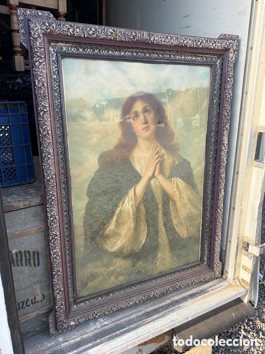 Antig&uuml;edades: Cuadro religioso de la virgen inmaculada con su marco de madera - Foto 2