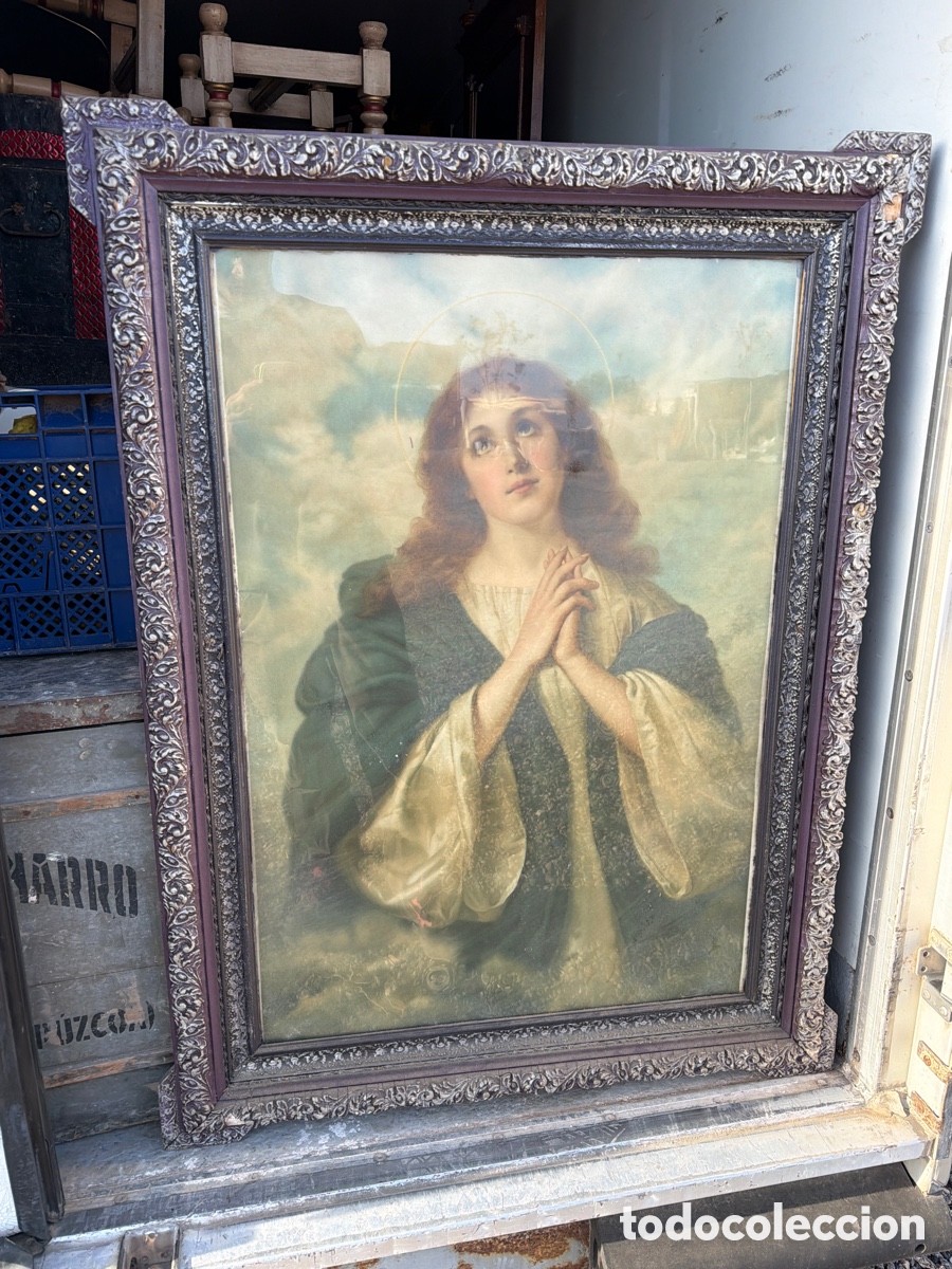 Antig&uuml;edades: Cuadro religioso de la virgen inmaculada con su marco de madera - Foto 1