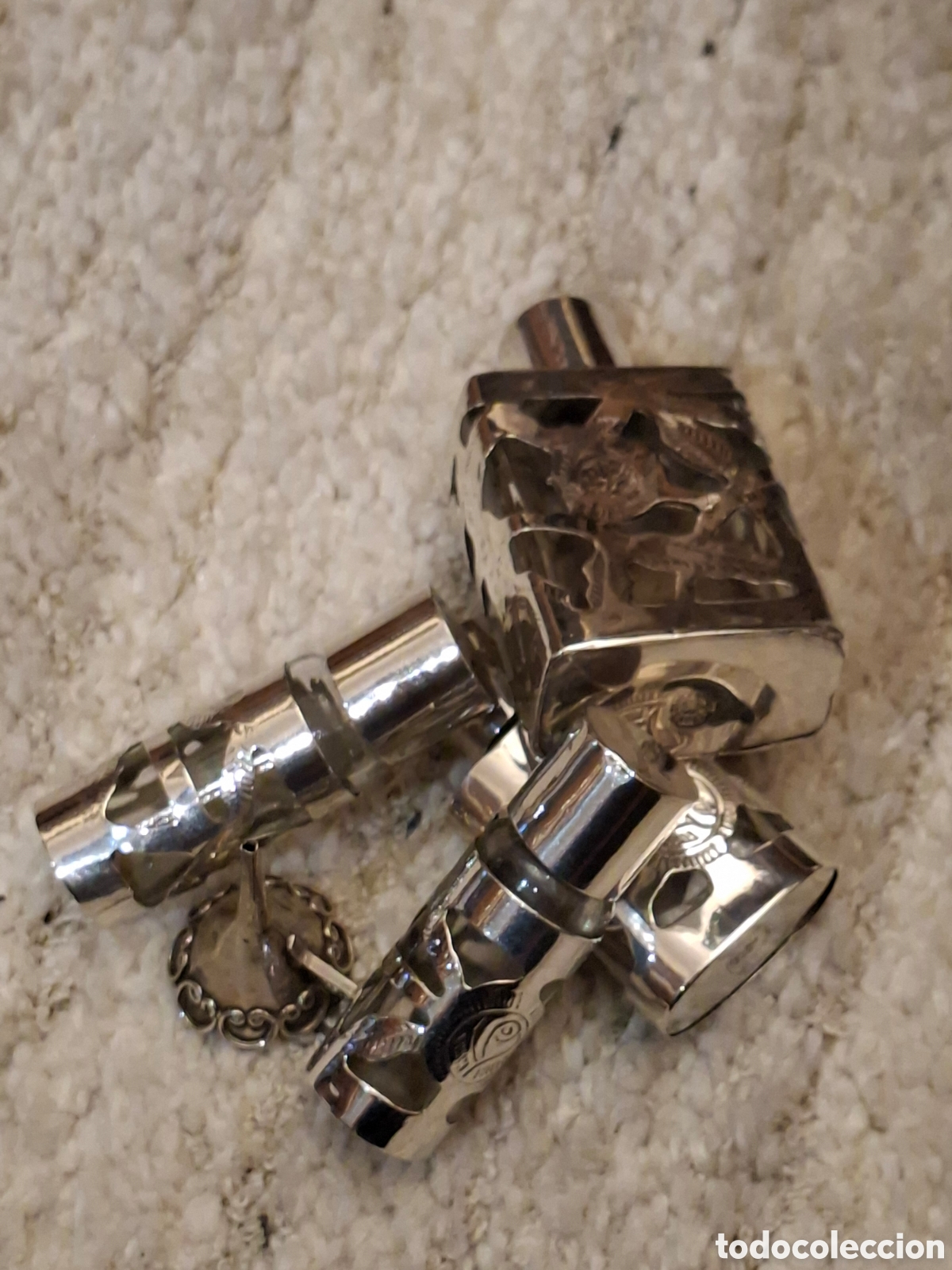 Antig&uuml;edades: Cuatro perfumeros de bolsillo dama, m&aacute;s embudo. Plata 925 mexicano.perfumes, perfumeria