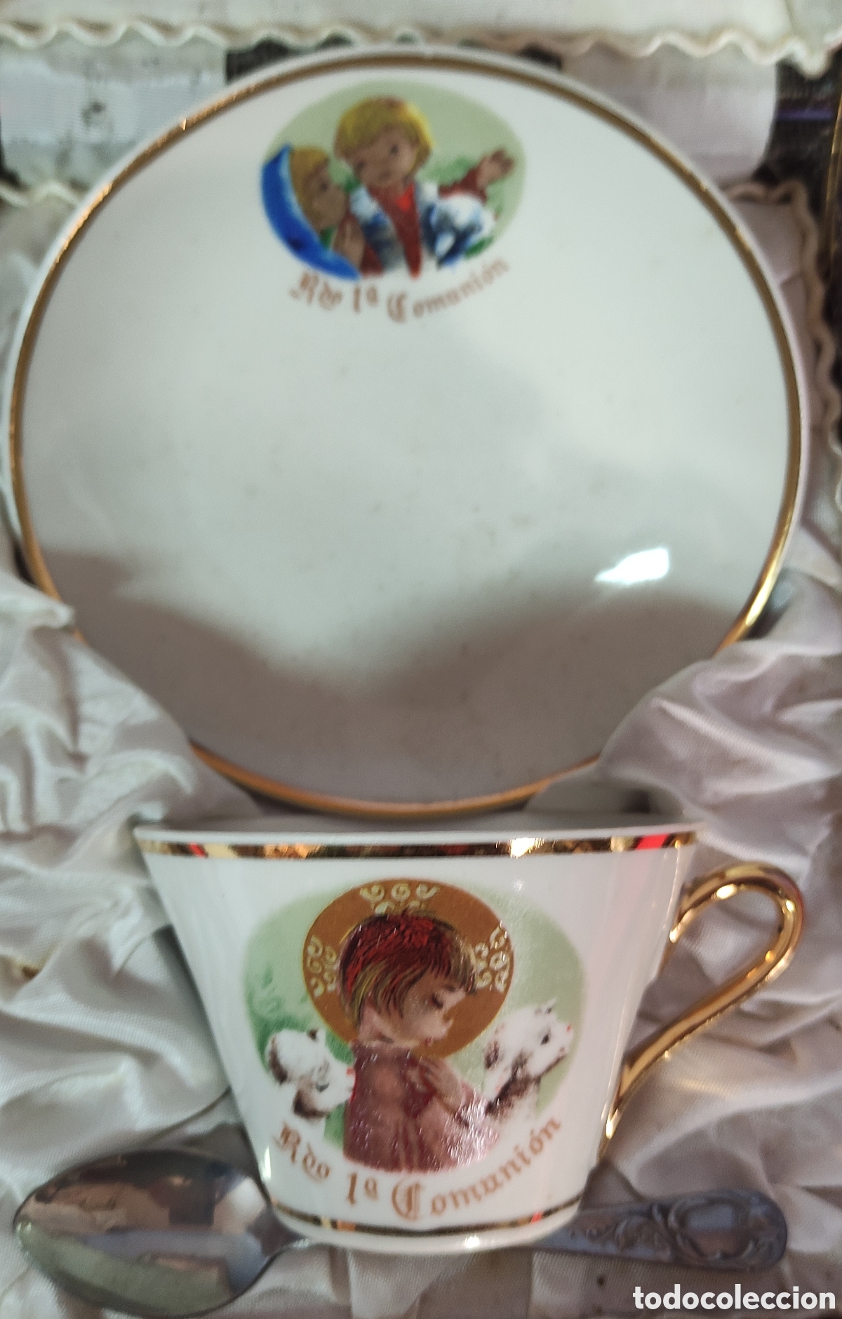 Antig&uuml;edades: Conjunto plato y taza primera comuni&oacute;n - Foto 1