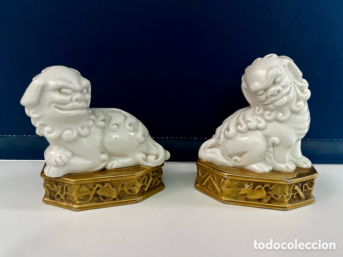 Antig&uuml;edades: Pareja perros leones foo quimeras de porcelana Algora - Foto 1