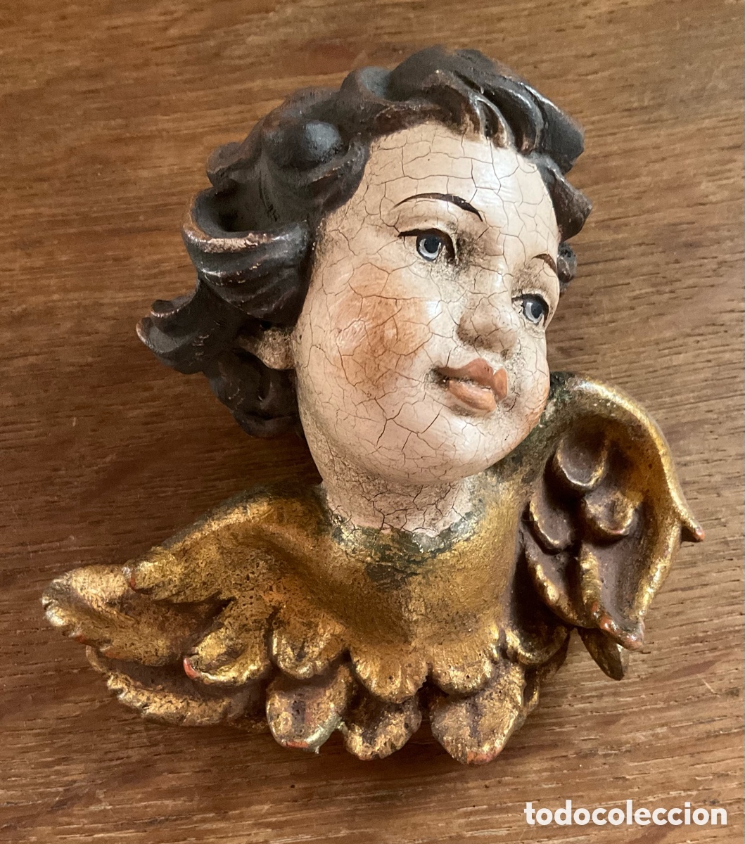 Antig&uuml;edades: Putti de madera tallada policromada, querub&iacute;n, &aacute;ngel, querub&iacute;n - Foto 1