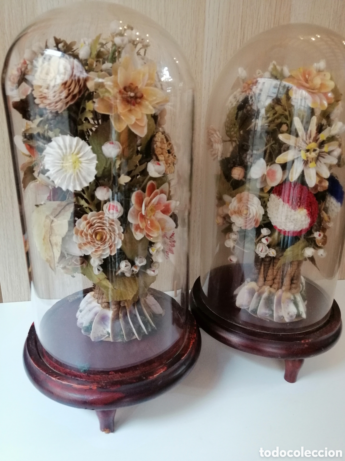 Antig&uuml;edades: Urnas C&uacute;pula De Cristal Y Madera Con Flores - Foto 3