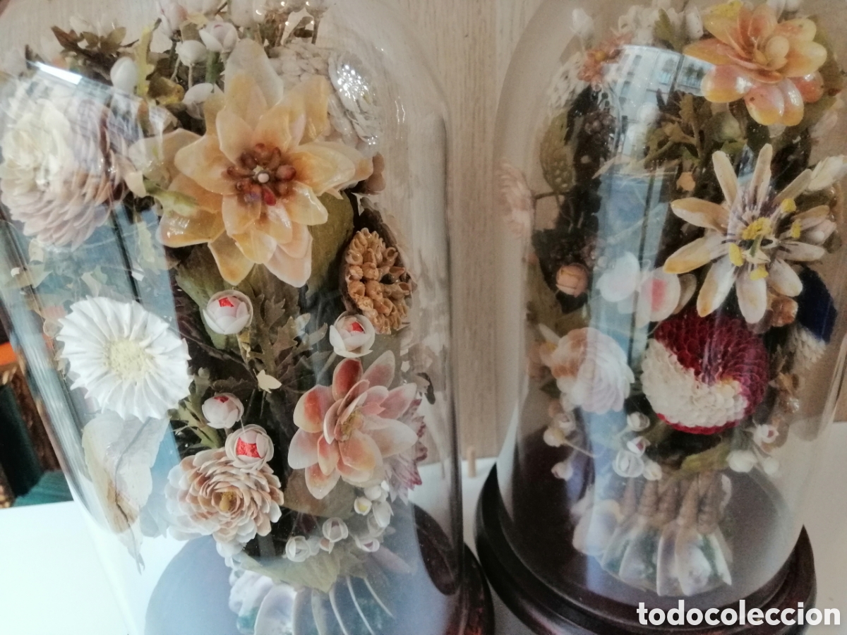 Antig&uuml;edades: Urnas C&uacute;pula De Cristal Y Madera Con Flores - Foto 1