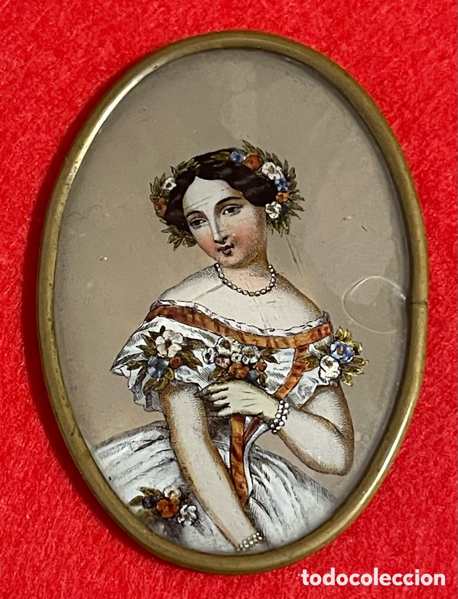 Antiguidades: Bonita miniatura de joven, se&ntilde;orita del siglo XIX.
