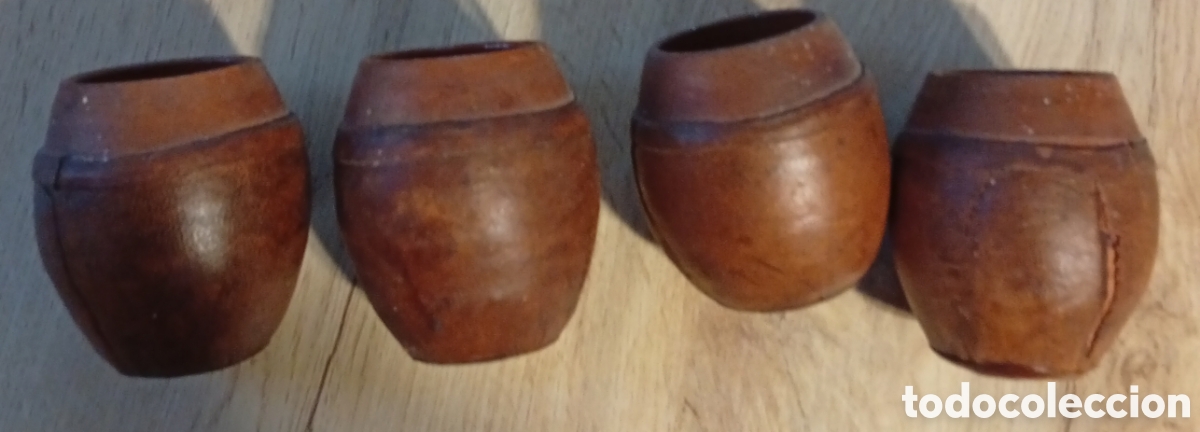 Antiques: Lote de 4 peque&ntilde;os antiguos vasos recipientes decorativos de cer&aacute;mica gres barro y piel