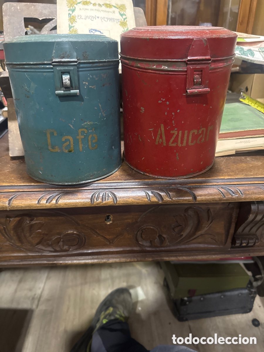 Antiquit&eacute;s: Pareja de tarros de chapa de az&uacute;car y caf&eacute; Antiguos