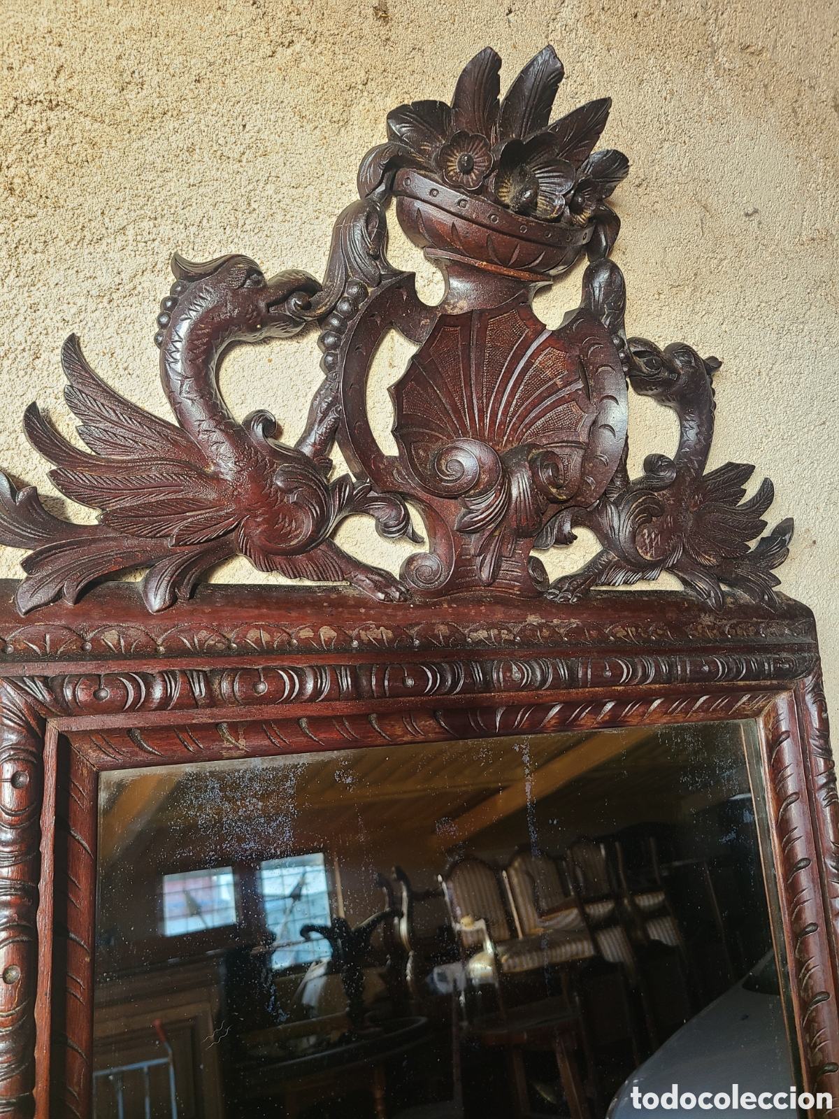 Antig&uuml;edades: Espejo s.XIX con gran copete tallado - Foto 2