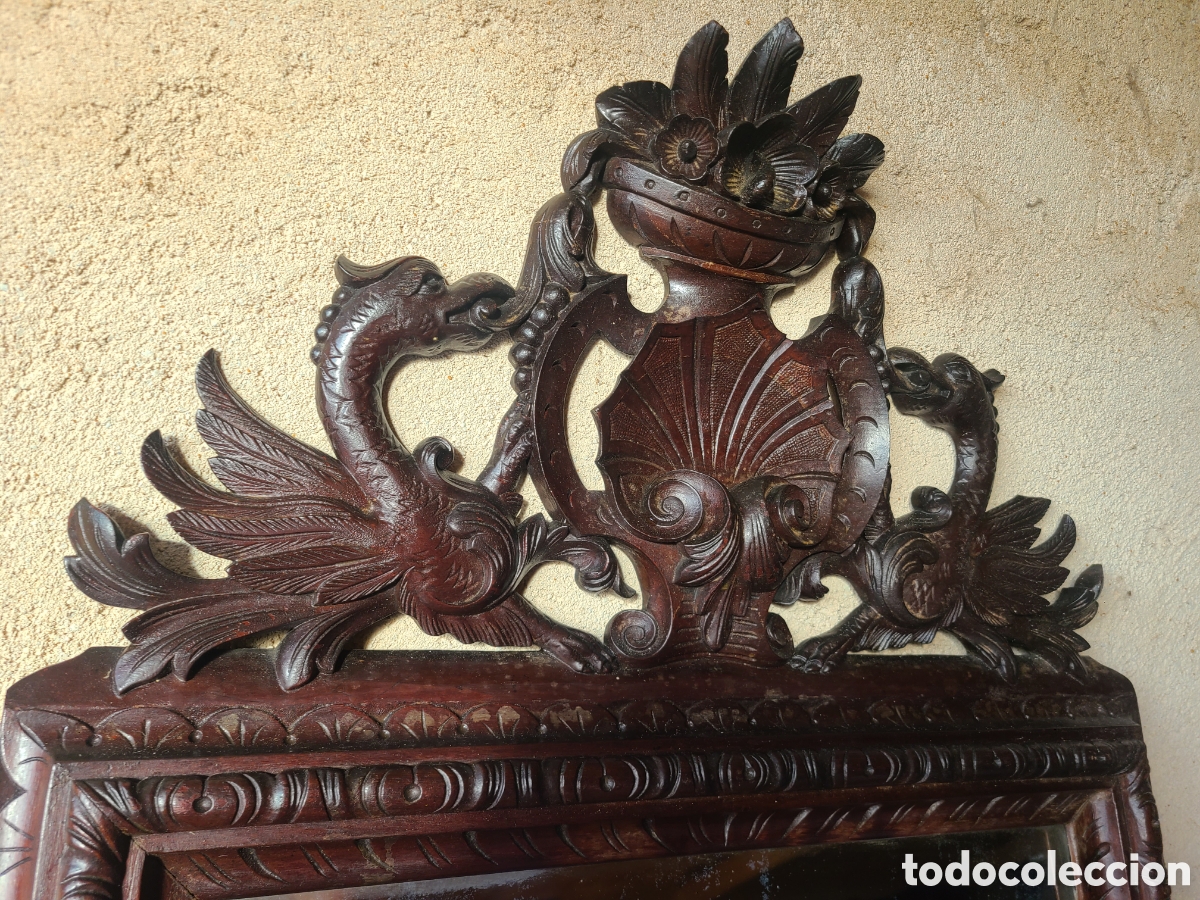 Antig&uuml;edades: Espejo s.XIX con gran copete tallado - Foto 3