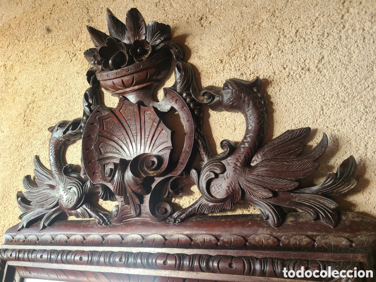 Antig&uuml;edades: Espejo s.XIX con gran copete tallado - Foto 6