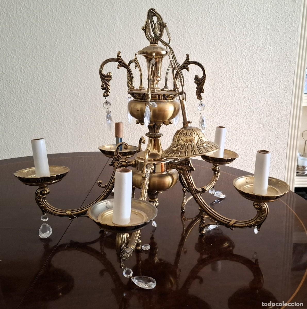 Antig&uuml;edades: Lampara de bronce dorado y cristal - Foto 2