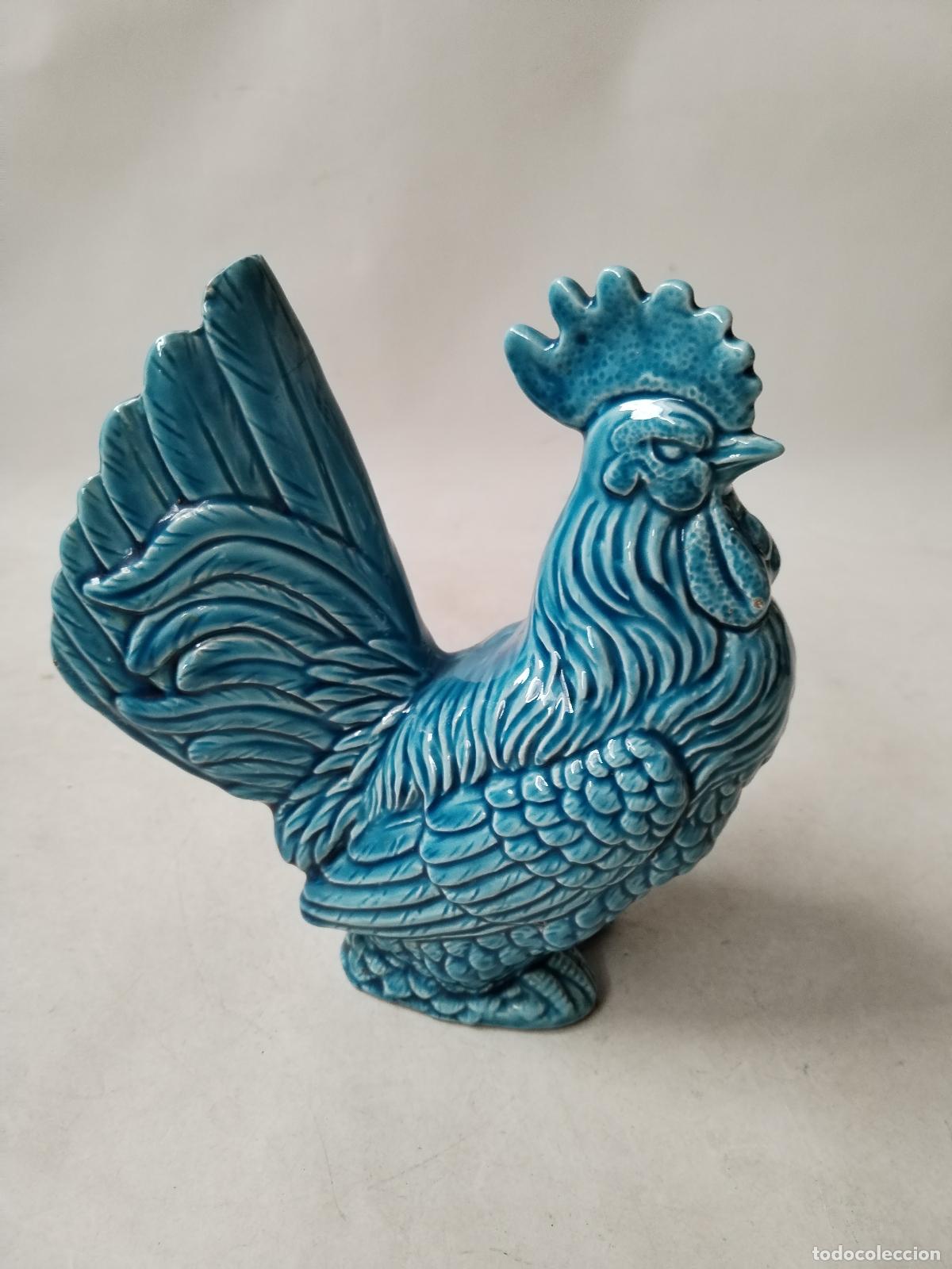 Antiguidades: gallo en ceramica azul turquesa