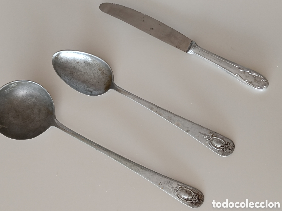 Antig&uuml;edades: Cuchara servir cuchar&oacute;n cuchillo alpaca - Foto 1