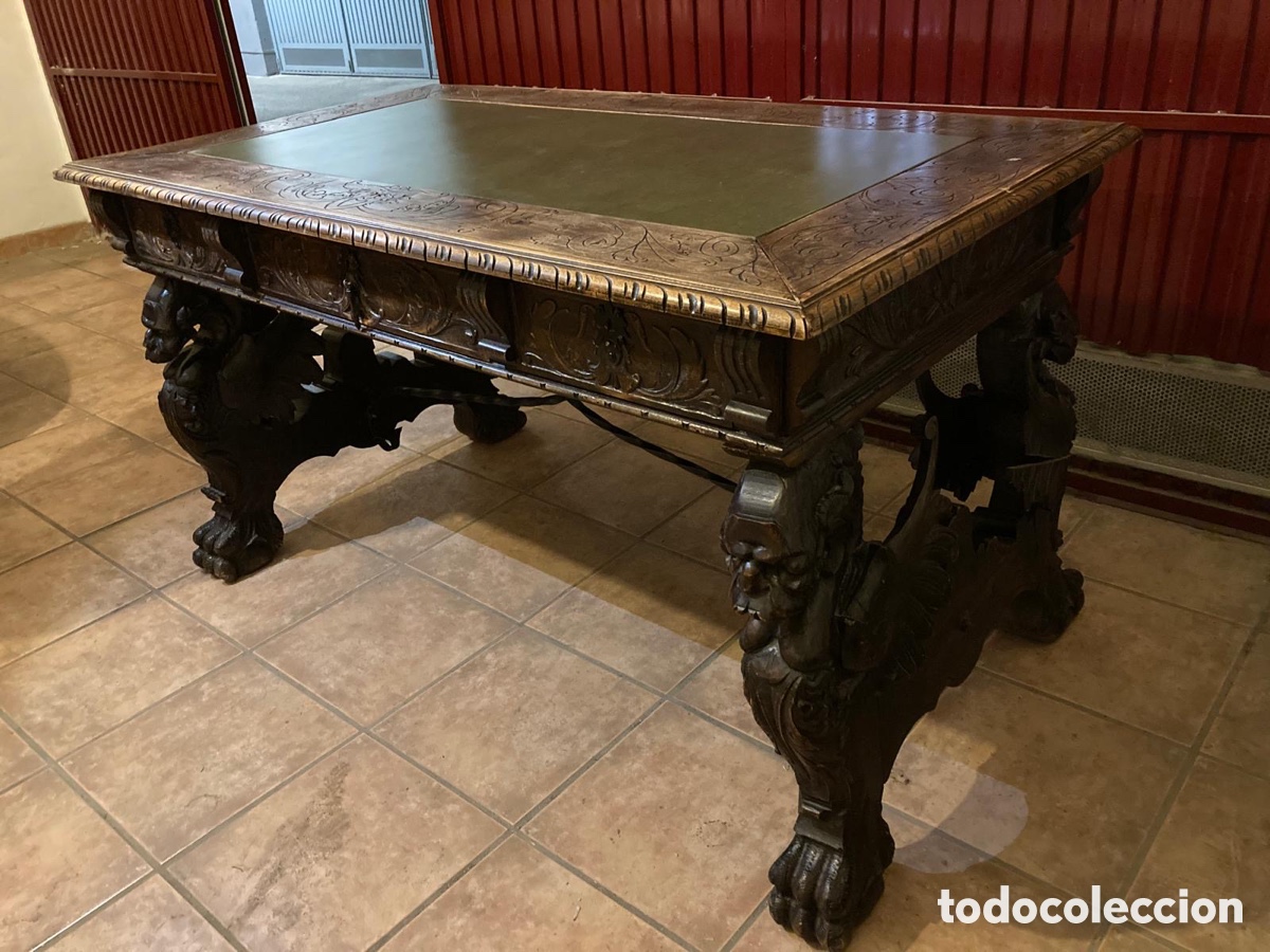 Antig&uuml;edades: Mesa de despacho antigua tallada, madera de aliso - Foto 3