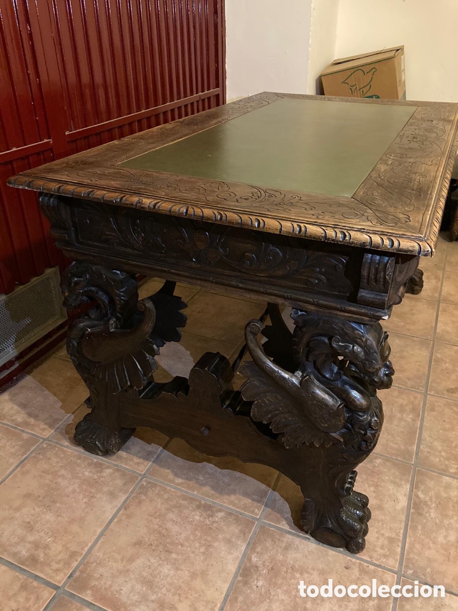 Antig&uuml;edades: Mesa de despacho antigua tallada, madera de aliso - Foto 4