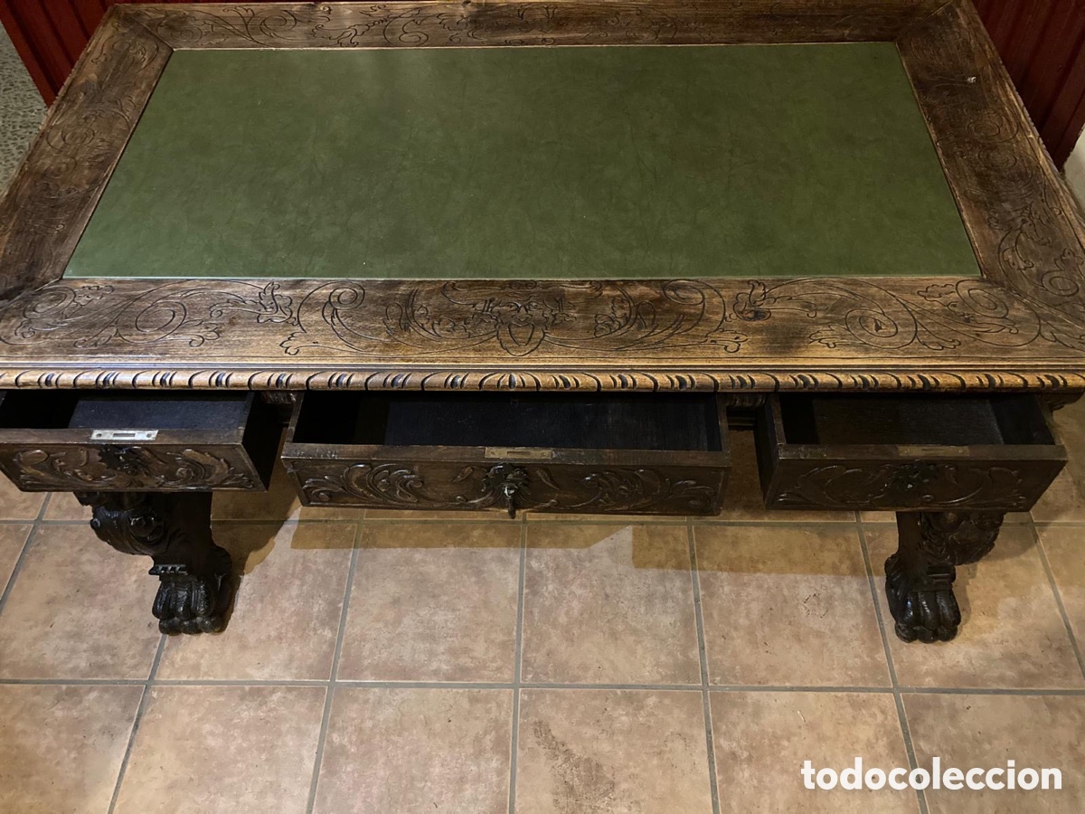 Antig&uuml;edades: Mesa de despacho antigua tallada, madera de aliso - Foto 5