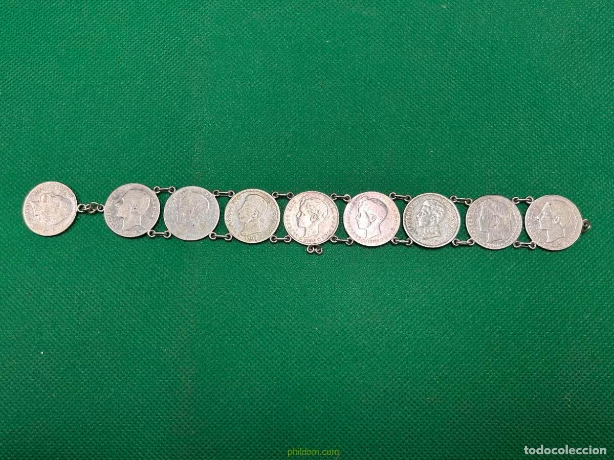 Antig&uuml;edades: PULSERA DE MONEDAS DE PLATA DE UNA PESETA - Foto 2