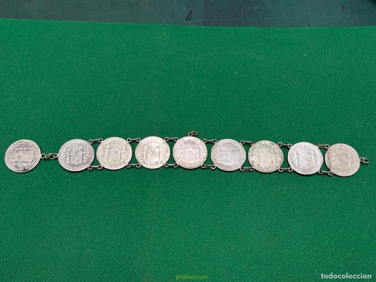 Antig&uuml;edades: PULSERA DE MONEDAS DE PLATA DE UNA PESETA - Foto 3
