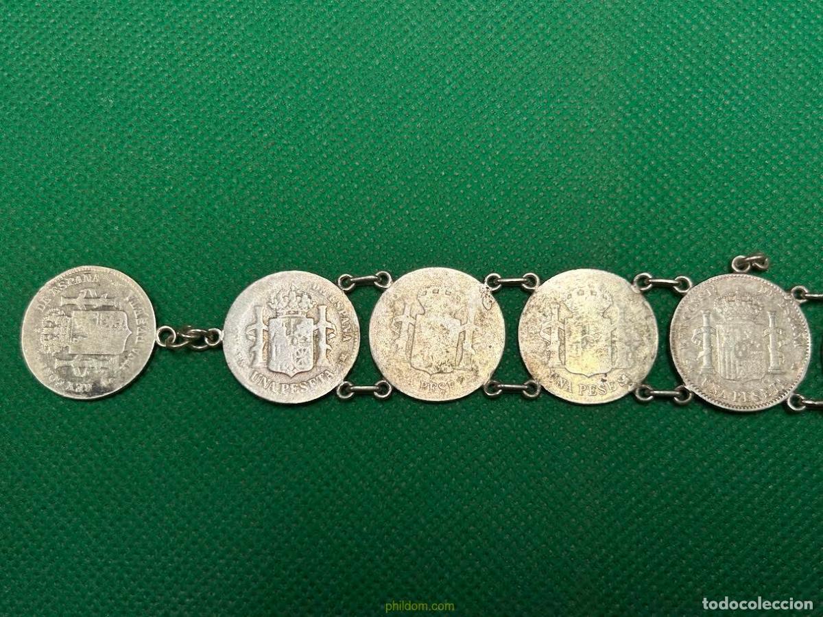 Antig&uuml;edades: PULSERA DE MONEDAS DE PLATA DE UNA PESETA - Foto 6