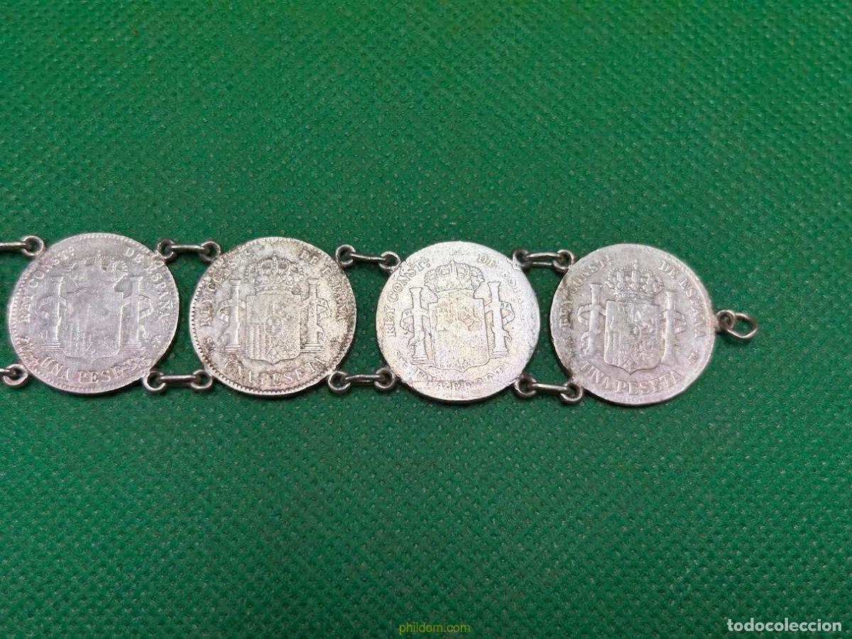 Antig&uuml;edades: PULSERA DE MONEDAS DE PLATA DE UNA PESETA - Foto 7