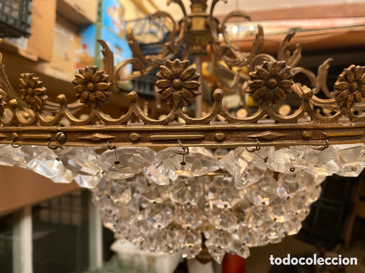 Antig&uuml;edades: L&aacute;mpara de techo de lat&oacute;n y vidrio - Foto 3