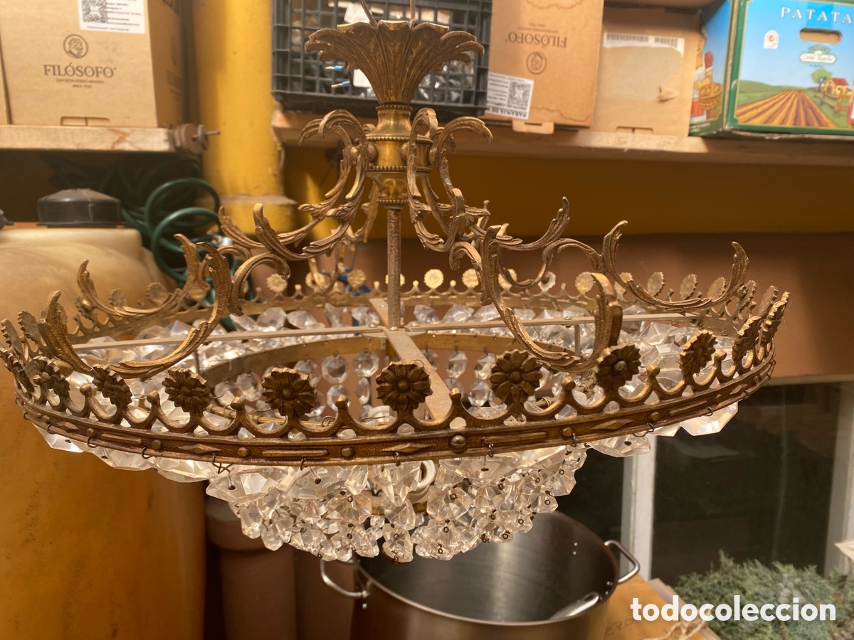 Antig&uuml;edades: L&aacute;mpara de techo de lat&oacute;n y vidrio - Foto 6
