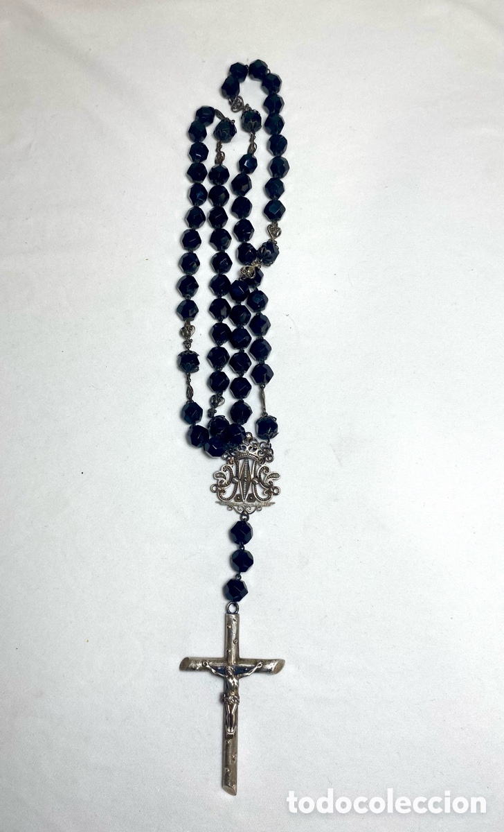 Antiguidades: Rosario de plata y cuentas de cristal negro