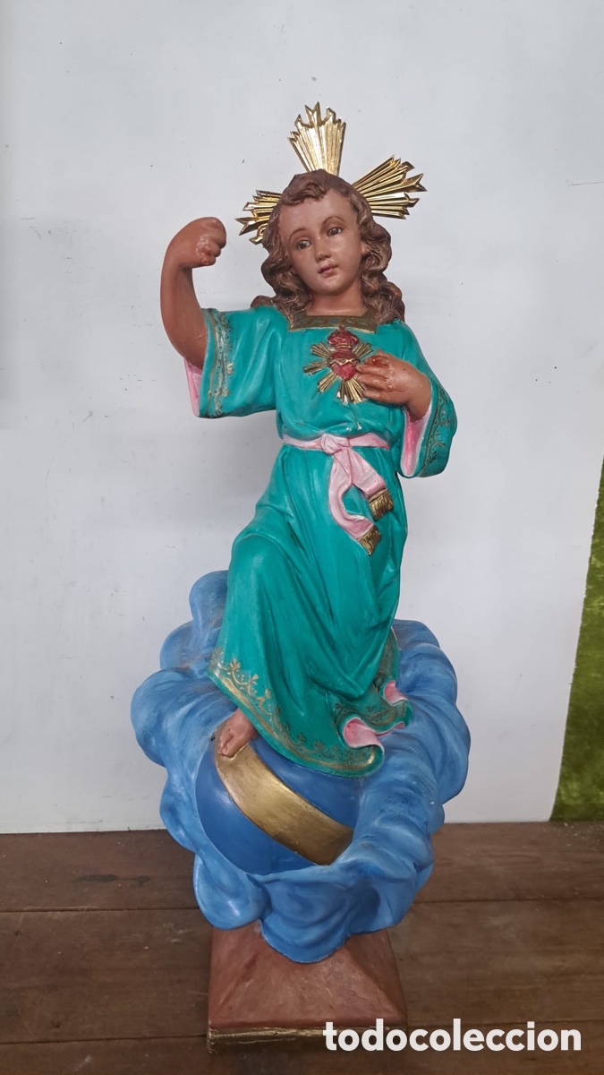 Antig&uuml;edades: El Inmaculado coraz&oacute;n de Mar&iacute;a 55cms - Foto 1