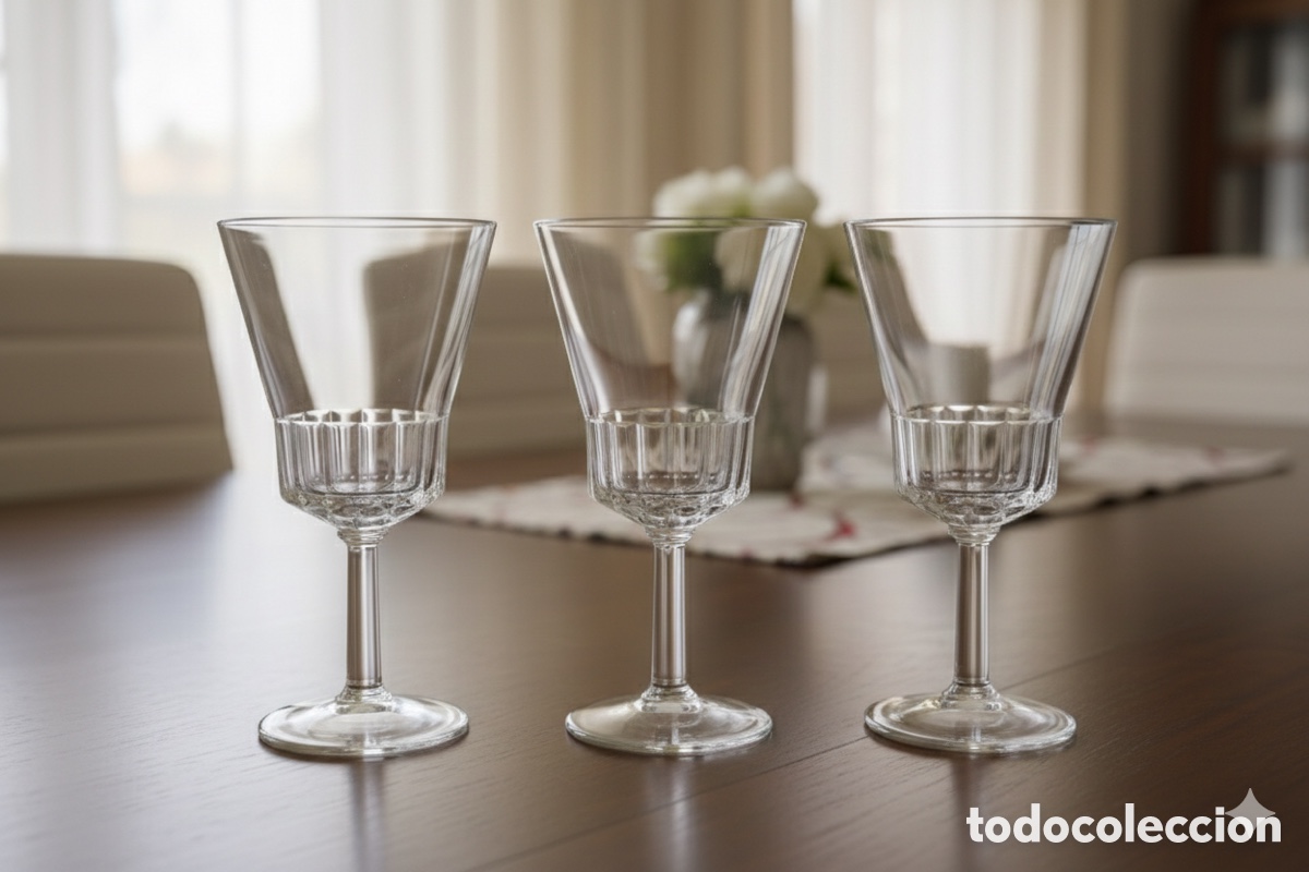 Antiguidades: Lote 3 Copas de Cristal Prensado - Tallo Hexagonal - Vintage