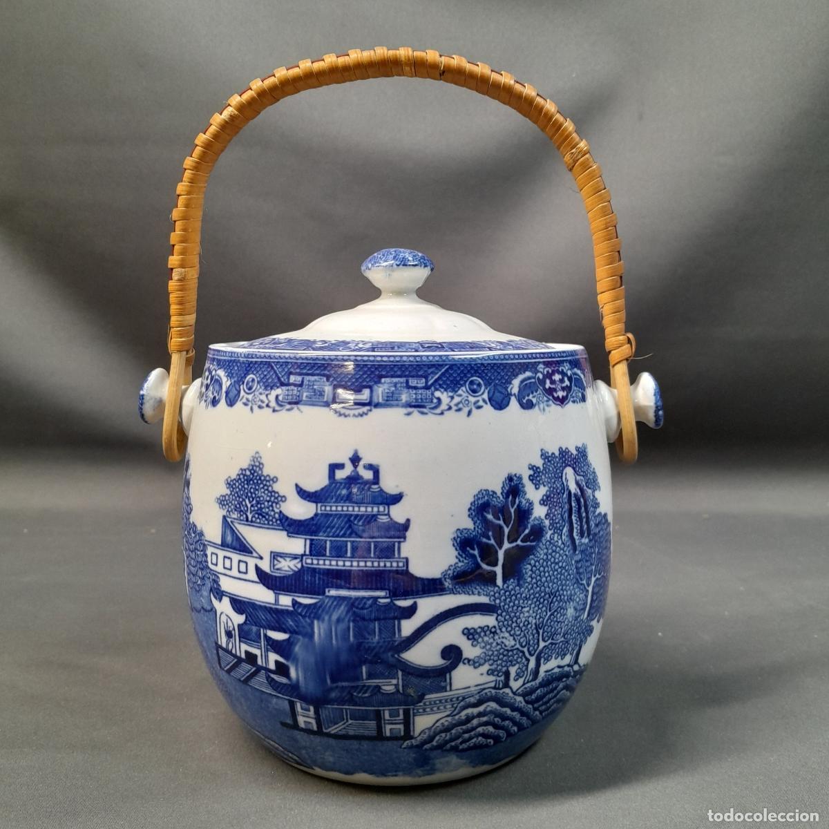 Antig&uuml;edades: BOTE PARA GALLETAS DE PORCELANA WILLOW PATTERN. ADDERLEY WARE, 1940 CA. - Foto 1