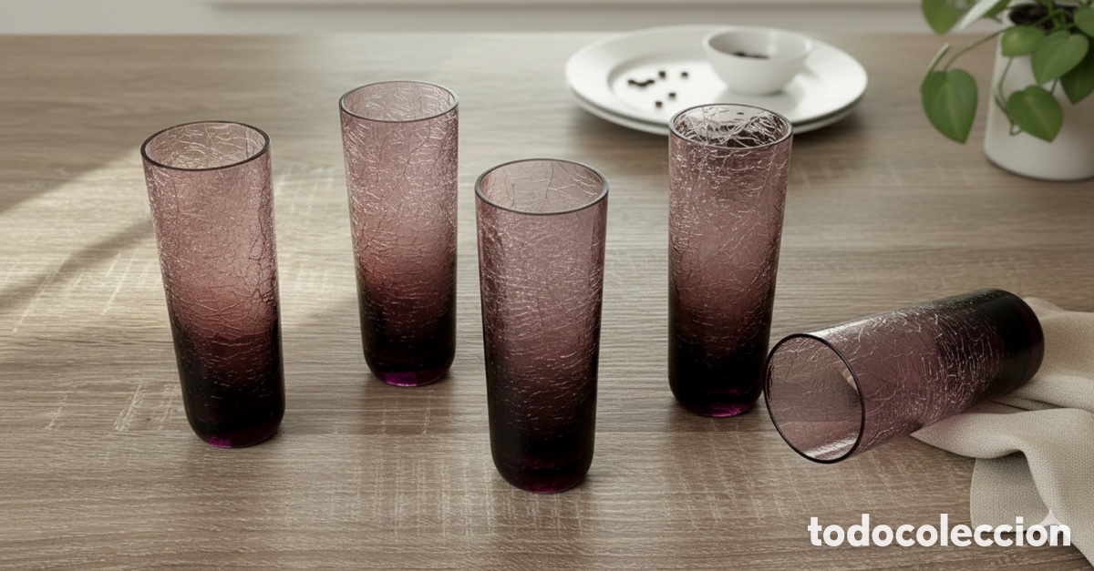 Antiquit&eacute;s: Lote 5 Vasos &rdquo;Crackle Glass&rdquo; Amatista. Mid Century. 12x4 cm.
