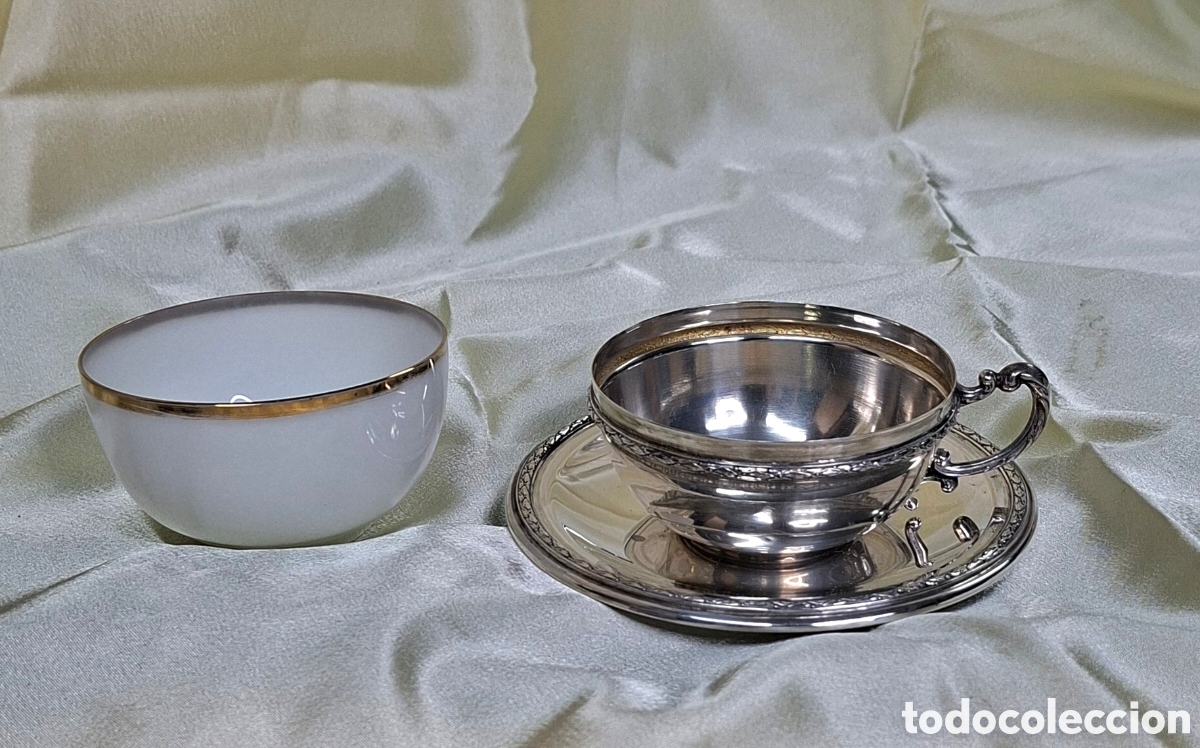 Antig&uuml;edades: Taza de plata 916 y opalina blanca - Foto 11