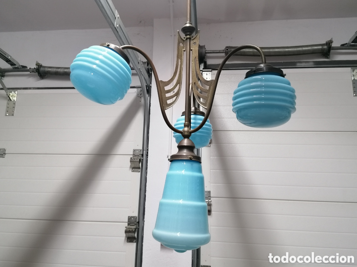 Antig&uuml;edades: L&aacute;mpara de techo art deco Opalina azul - Foto 6