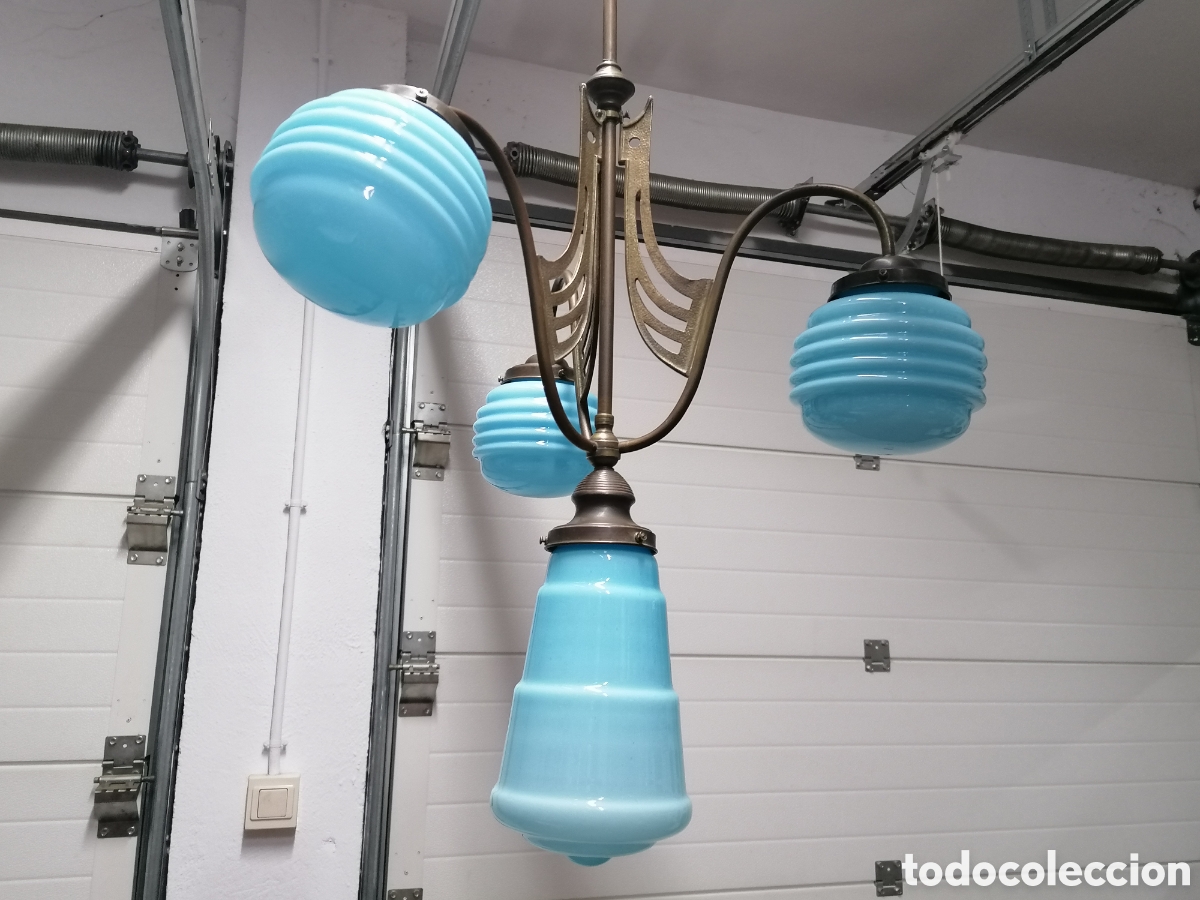 Antig&uuml;edades: L&aacute;mpara de techo art deco Opalina azul - Foto 7