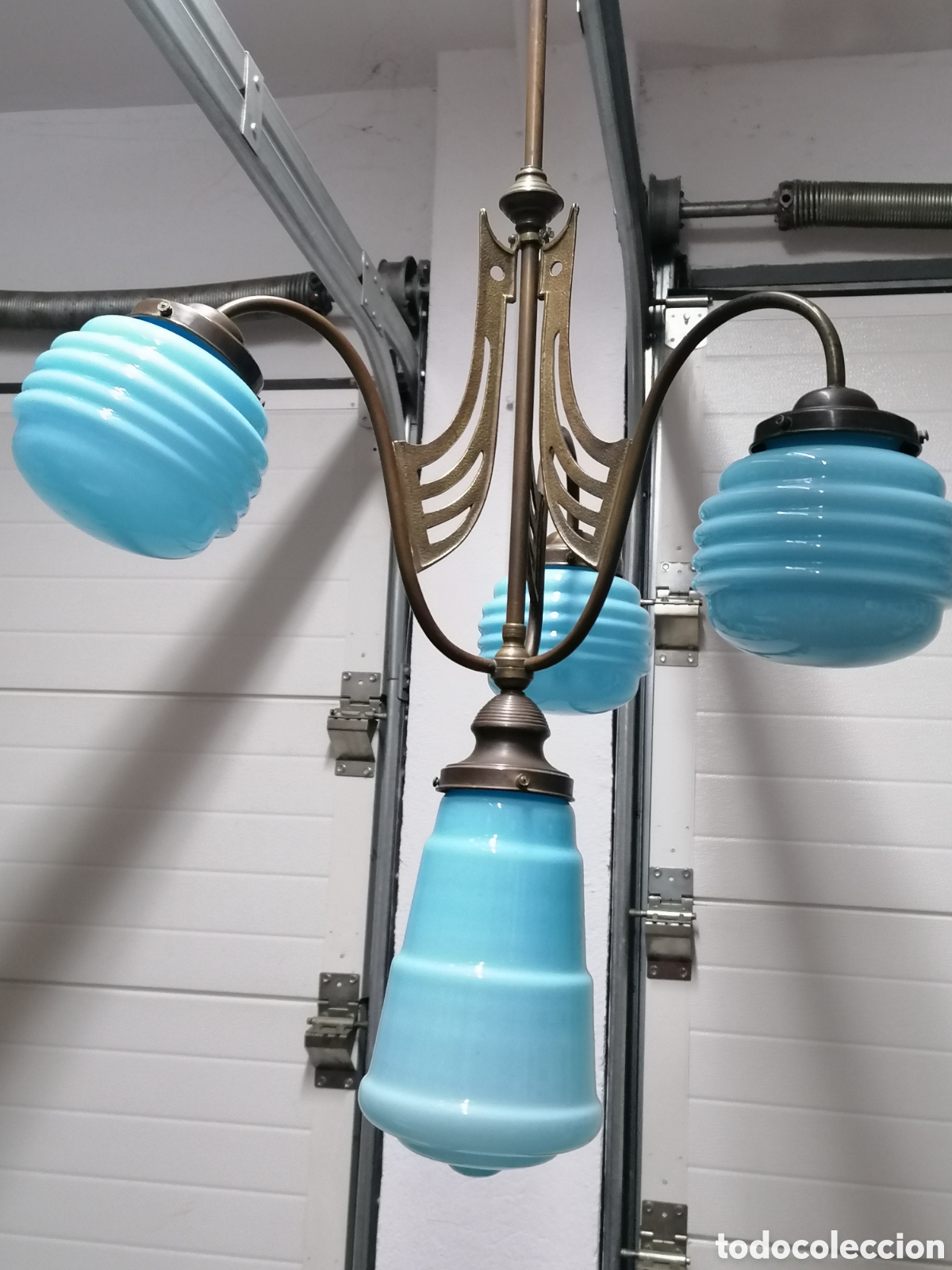 Antig&uuml;edades: L&aacute;mpara de techo art deco Opalina azul - Foto 8