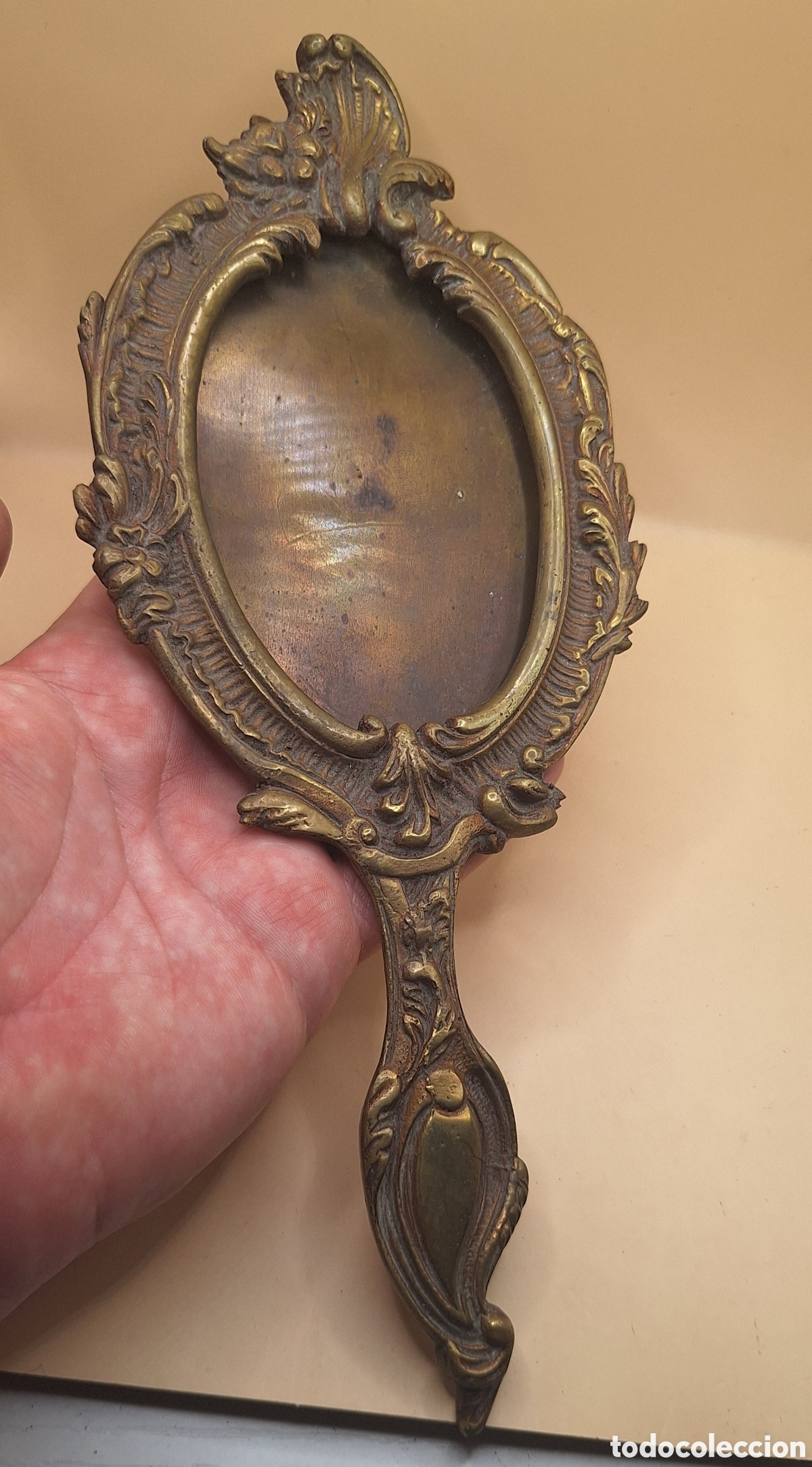 Antig&uuml;edades: Antiguo Espejo de Tocador de Bronce - Lat&oacute;n - Foto 3