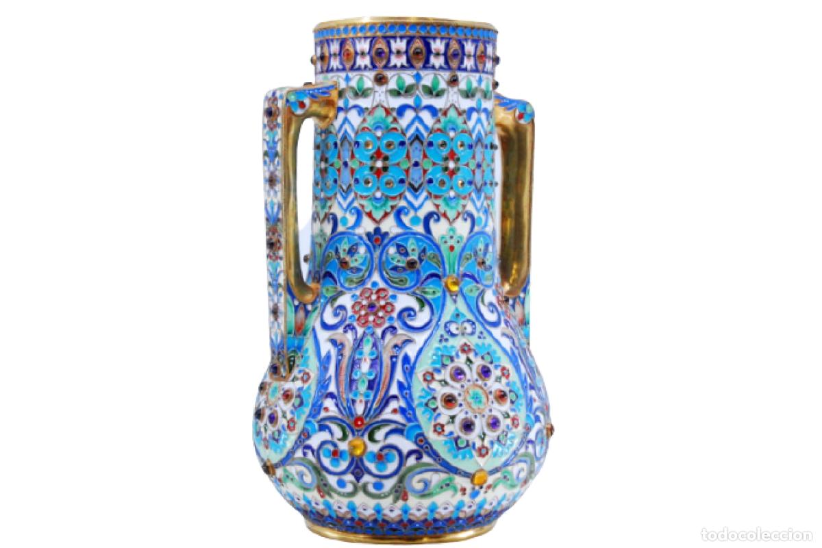 Antig&uuml;edades: Recipiente para l&iacute;quidos, en cloisonn&eacute; de plata rusa. - Foto 1