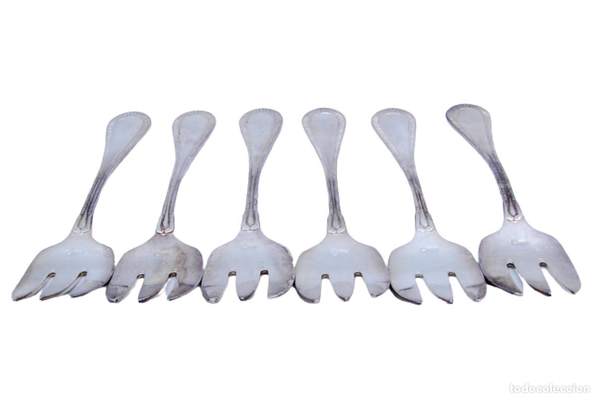 Antiguidades: Juego de 6 tenedores de ostras de plata
