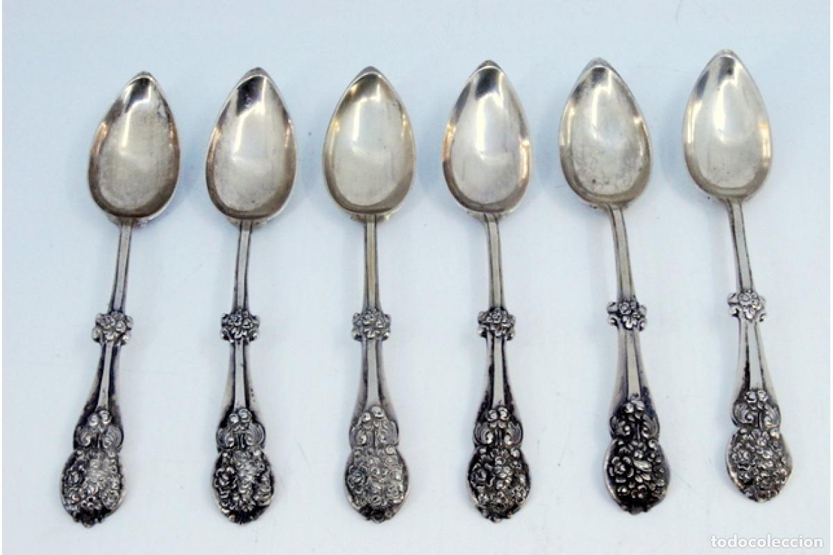 Antig&uuml;edades: Juego de 6 cucharas de postre de plata - Foto 2