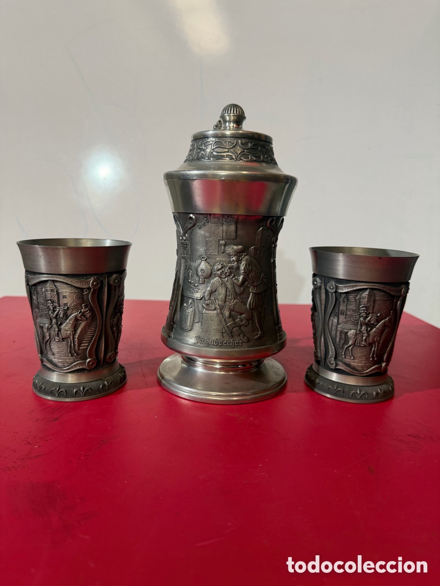 Antig&uuml;edades: Jarra y 2 vasos de esta&ntilde;o alemanes - Foto 2