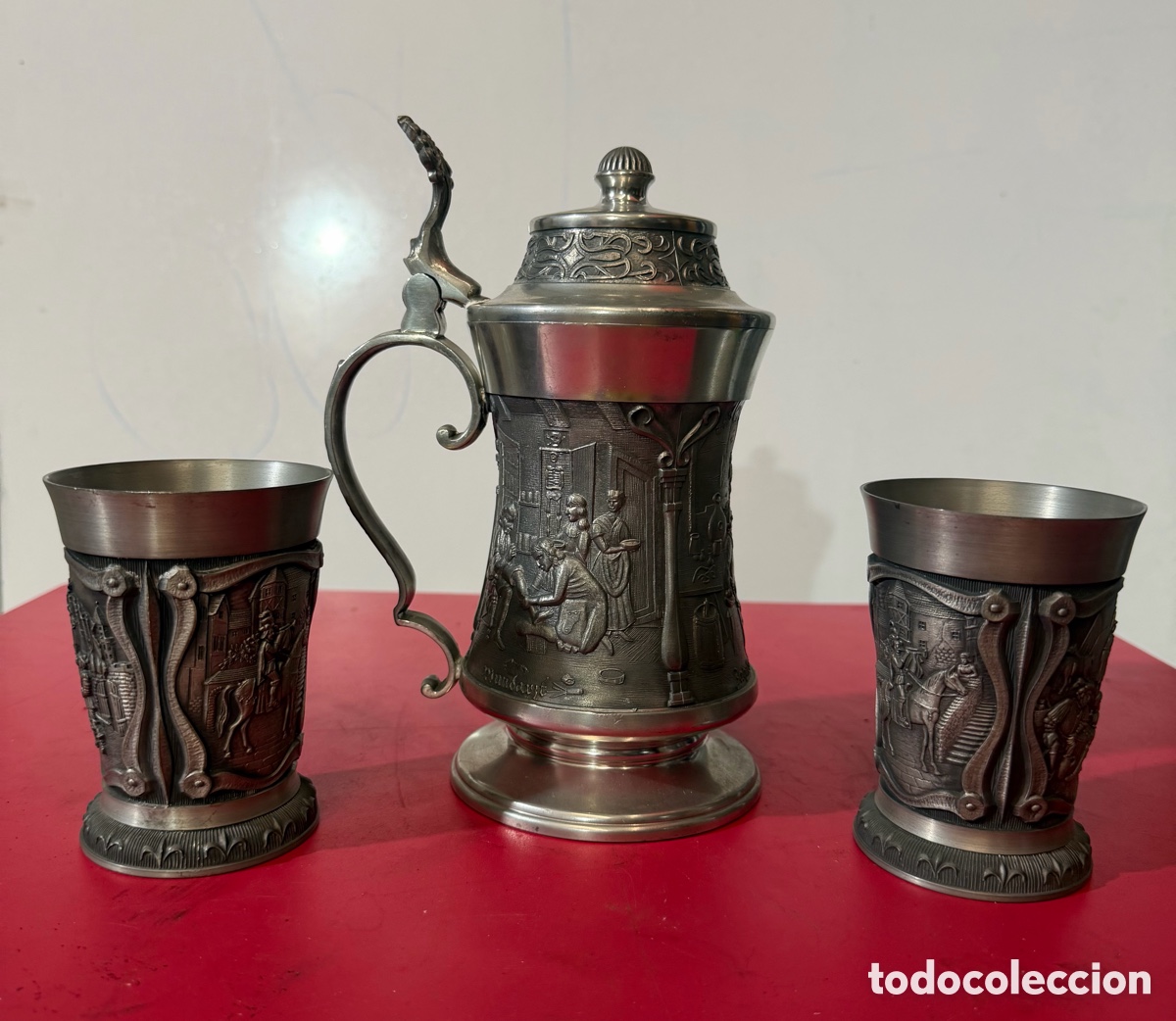 Antig&uuml;edades: Jarra y 2 vasos de esta&ntilde;o alemanes - Foto 1